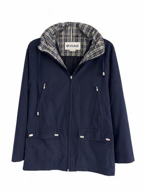 Nuage Navy Blue Plaid-Lined Short Trench Jacket - Size Small